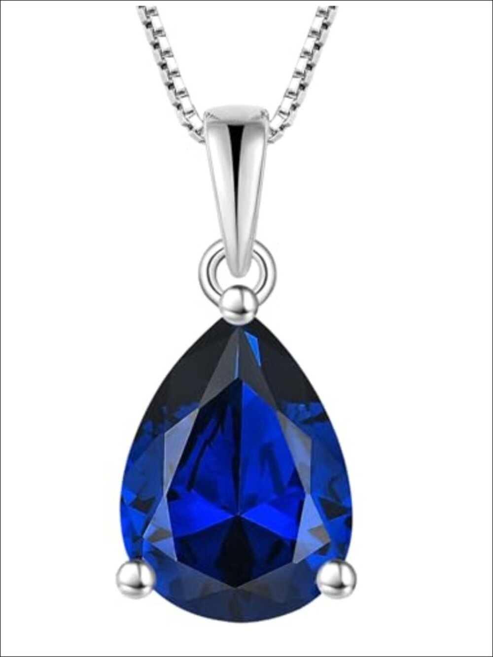 925 Sterling Silver Pear Cut Sapphire Pendant Necklace 18+2" Box Chain